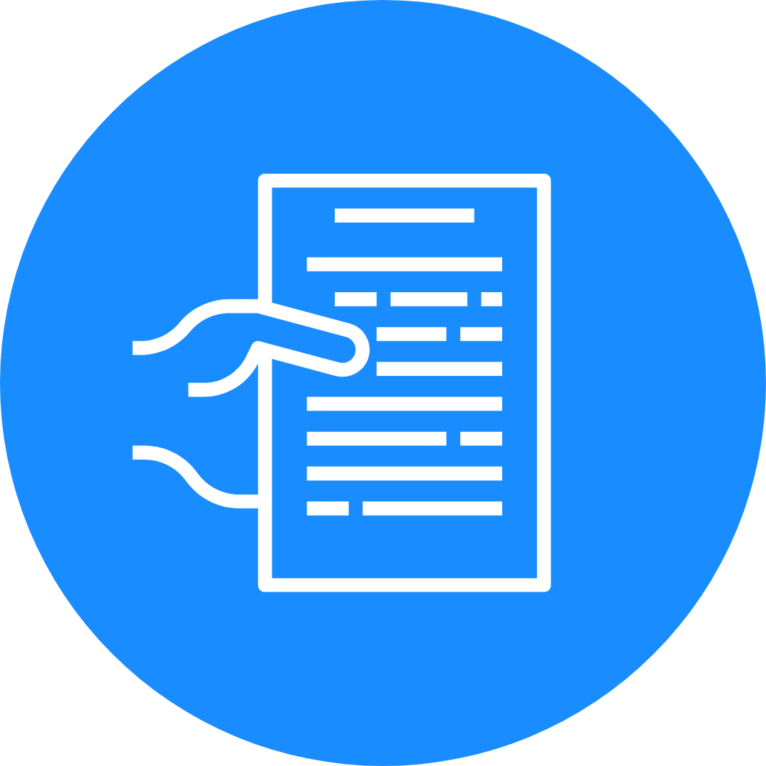 A round blue icon with a hand holding a sheet of paper with obscure writing on it.