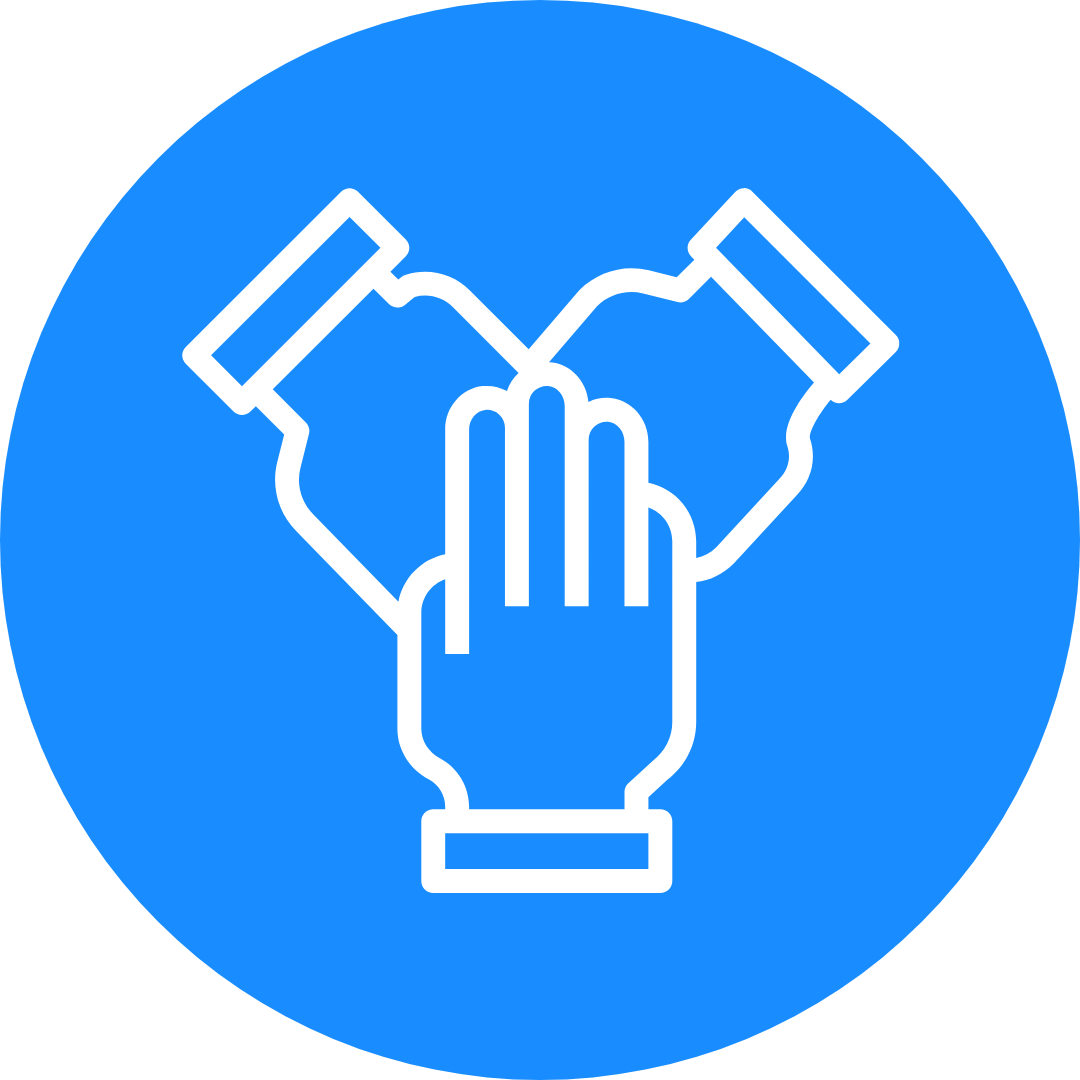 A circular icon with three blue hands coming together in the center.