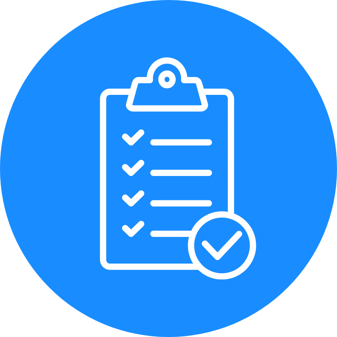 A circular blue icon ewith a clipboard in the middle showing a list with items checked off.