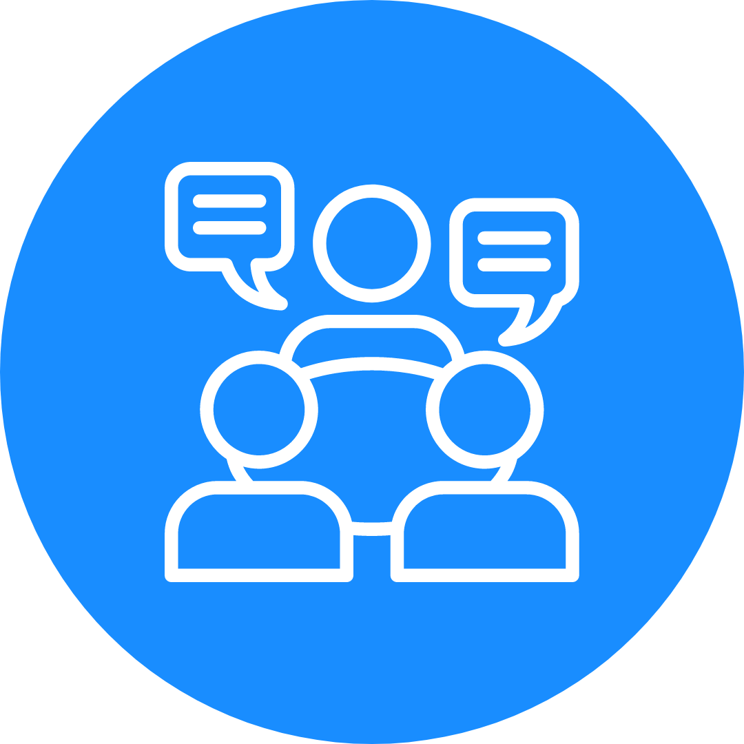 A round blue icon with three people sitting at a table having a discussion.