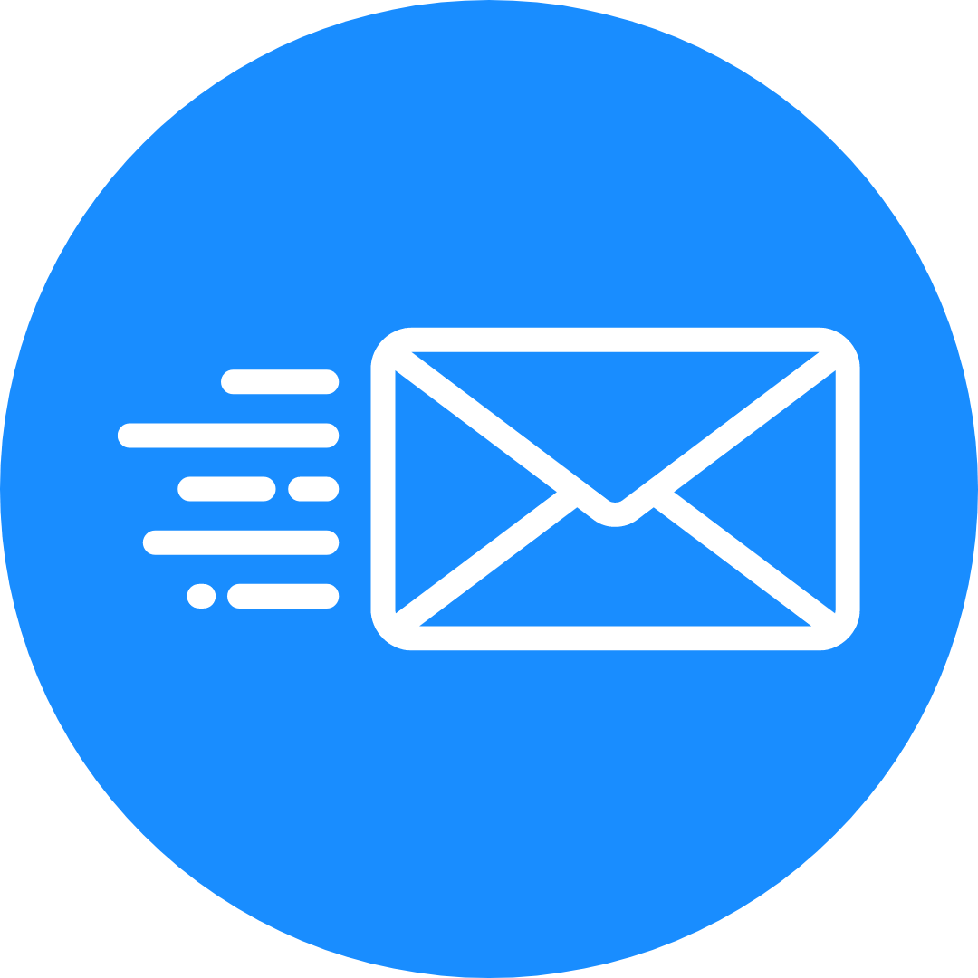 A round blue icon with an envelope speeding from left to right.