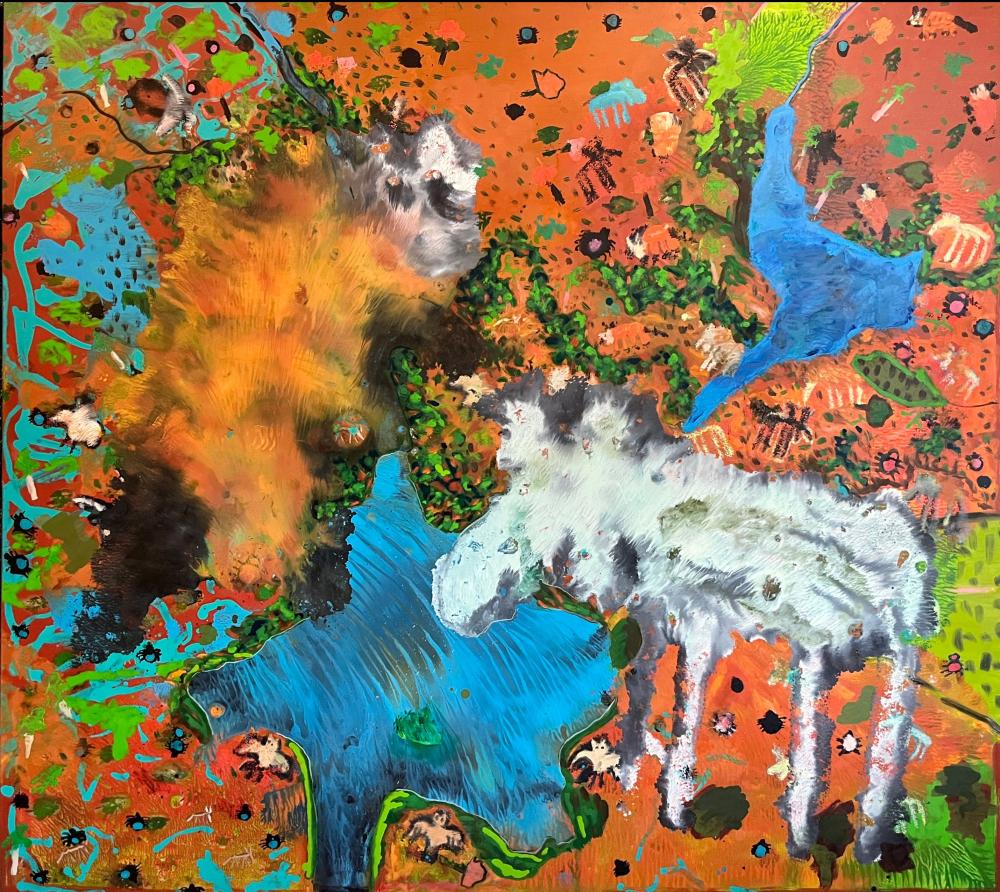 Abstract orange and blues with white moose shape in lower right