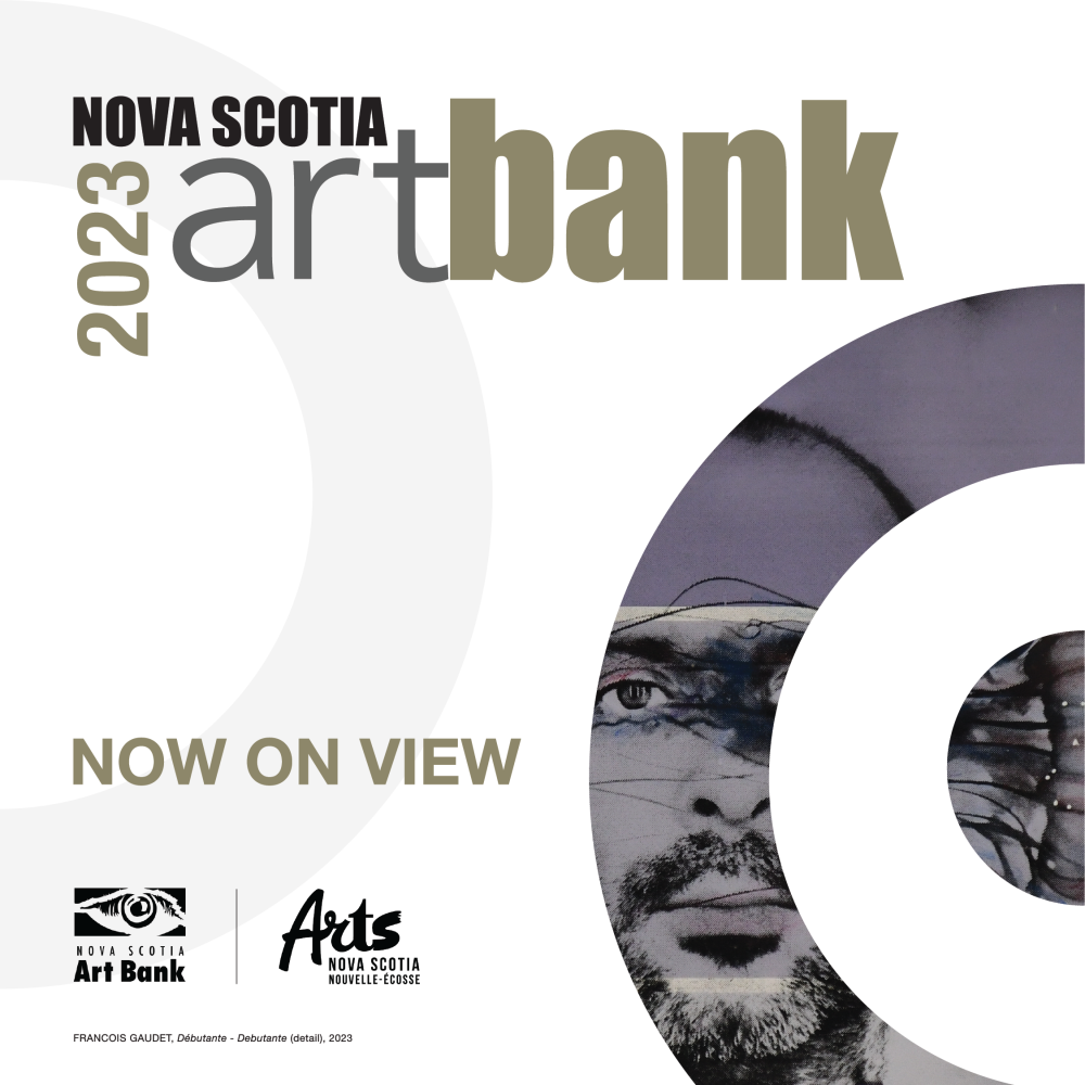 A man's face overlaid with a sideways jellyfish appears from behind a set of concentric rings against a white background. Text reads Nova Scotia 2023 Art Bank now on view.