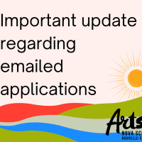 Important update regarding emailed applications. A sun sets over red, green, and blue hills.